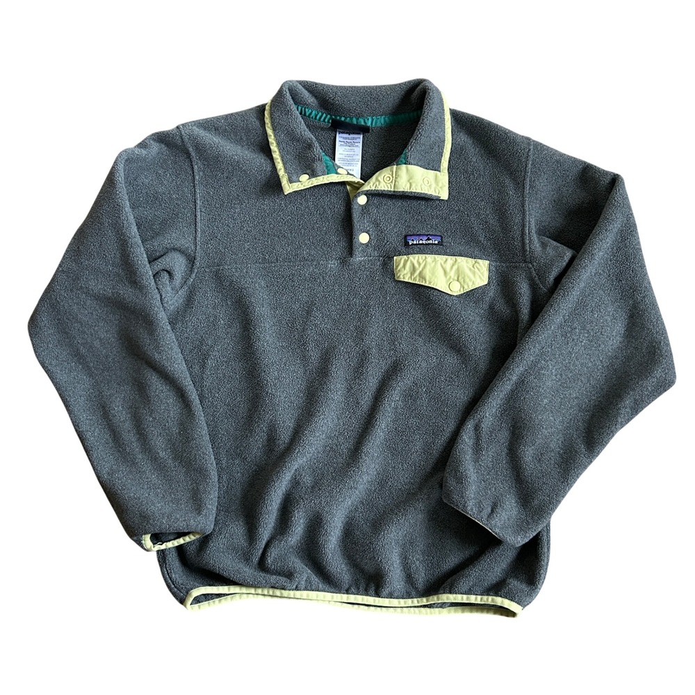Patagonia Womens Synchilla Snap-T Fleece Pullover Grey Lime Green Cabincore M